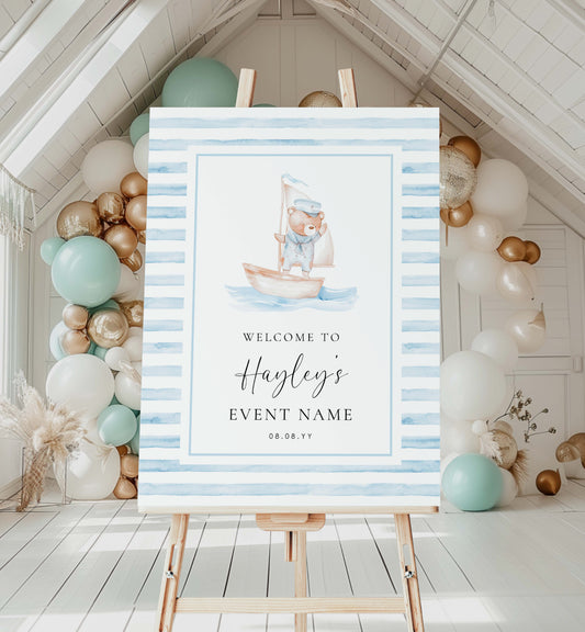 Printable Teddy Bear Welcome Sign Template, Sailor Bear, Blue Stripe Boy First Birthday Welcome Sign, Nautical Sailing Boat Welcome Sign