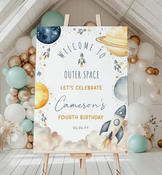 Rocket Ship Outer Space Birthday Welcome Sign, Printable Galaxy Planets Birthday Welcome Sign, Boy Space Birthday Blast Off Sign