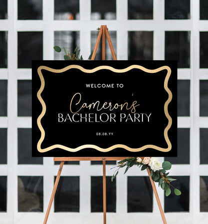 Printable Welcome Sign, Black Gold Wave, Printable Unisex Birthday Welcome Sign, Male Party Welcome Sign, Retirement Party, Curvy Line