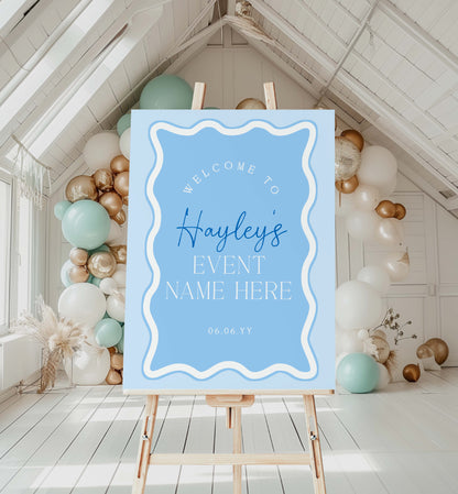 Editable Welcome Sign Template, Boy Baby Shower Welcome Sign, Printable Blue Wave Curvey Line, Boy Baby Sprinkle, Boy First Birthday Party Welcome Poster