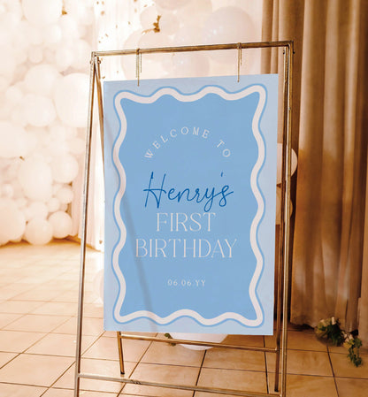 Editable Welcome Sign Template, Boy Baby Shower Welcome Sign, Printable Blue Wave Curvey Line, Boy Baby Sprinkle, Boy First Birthday Party Welcome Poster