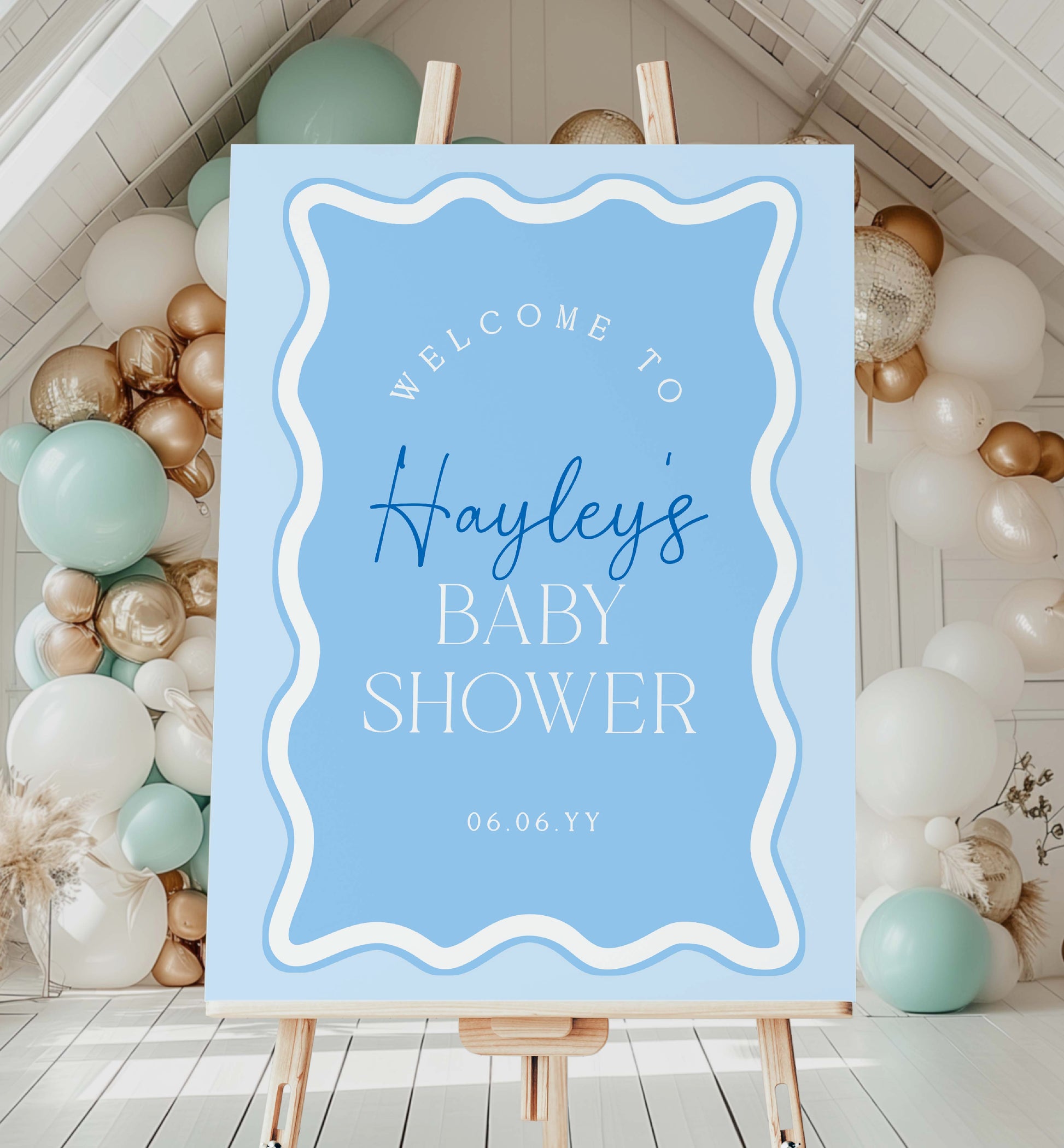 Editable Welcome Sign Template, Boy Baby Shower Welcome Sign, Printable Blue Wave Curvey Line, Boy Baby Sprinkle, Boy First Birthday Party Welcome Poster