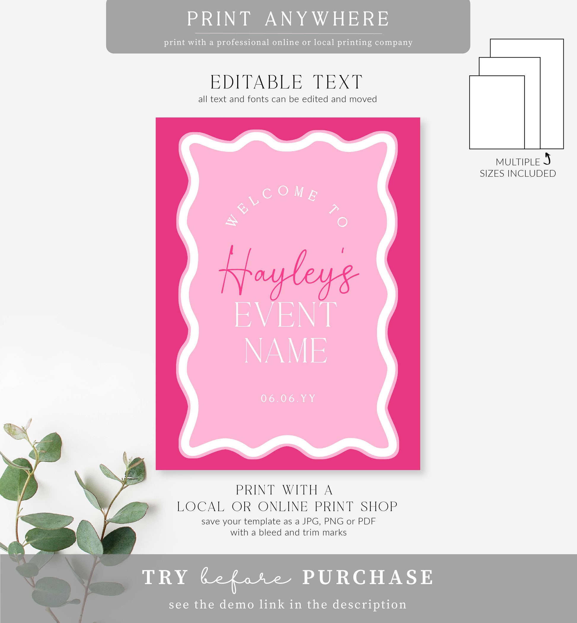 Editable Welcome Sign Template, Girl Baby Shower Welcome Sign, Printable Hot Pink Wave Curvey Line, Girl Baby Sprinkle, Girl First Birthday Party Welcome Poster