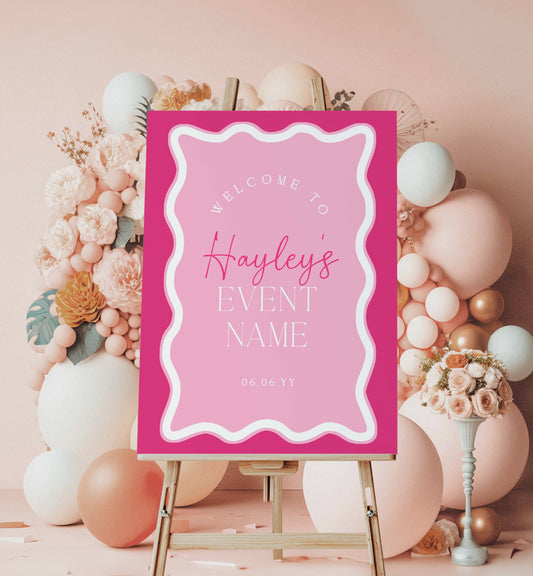 Editable Welcome Sign Template, Girl Baby Shower Welcome Sign, Printable Hot Pink Wave Curvey Line, Girl Baby Sprinkle, Girl First Birthday Party Welcome Poster