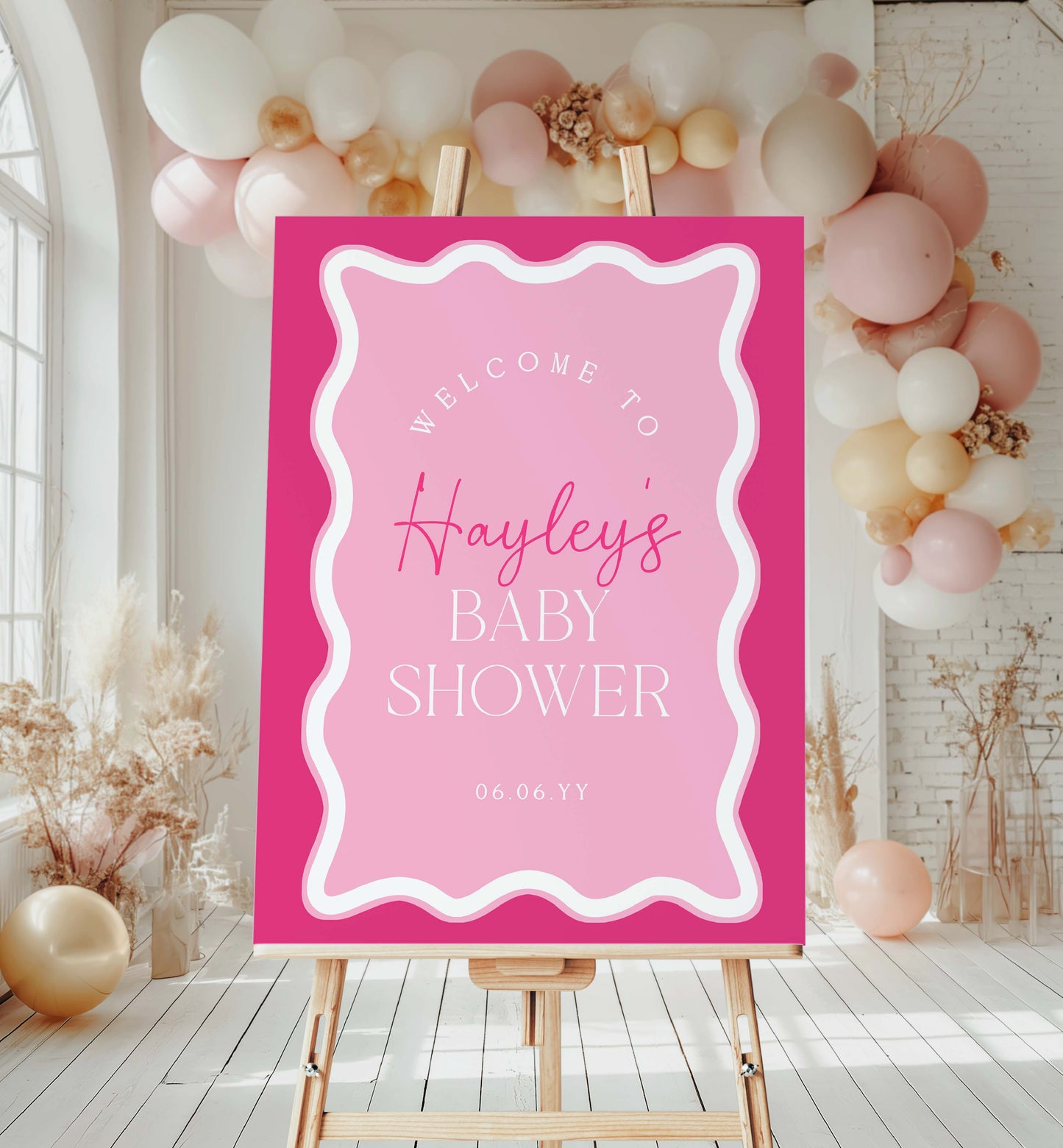 Editable Welcome Sign Template, Girl Baby Shower Welcome Sign, Printable Hot Pink Wave Curvey Line, Girl Baby Sprinkle, Girl First Birthday Party Welcome Poster