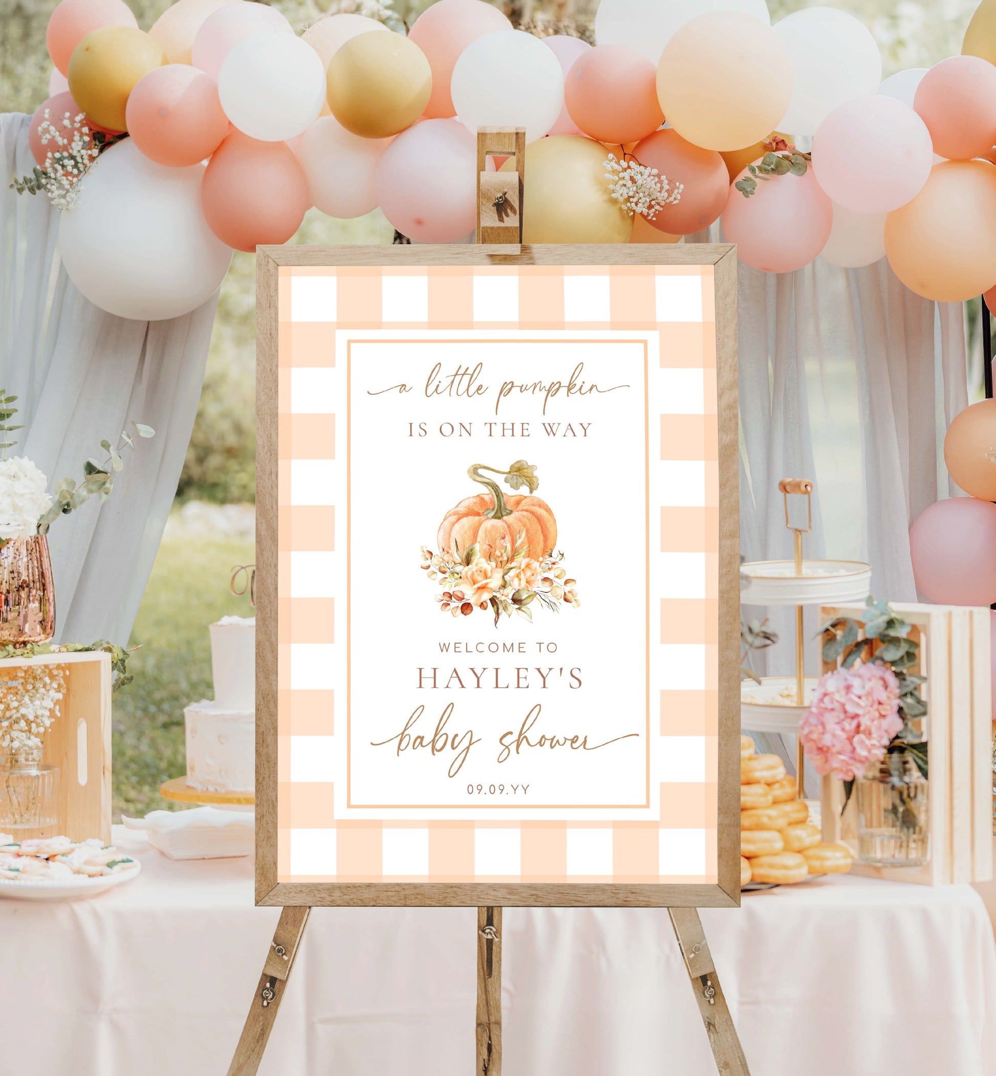 Printable Pumpkin Baby Shower Welcome Sign, Fall A Little Pumpkin Is On The Way, Peach Gingham Check Welcome Sign, Girl Baby Shower Sign