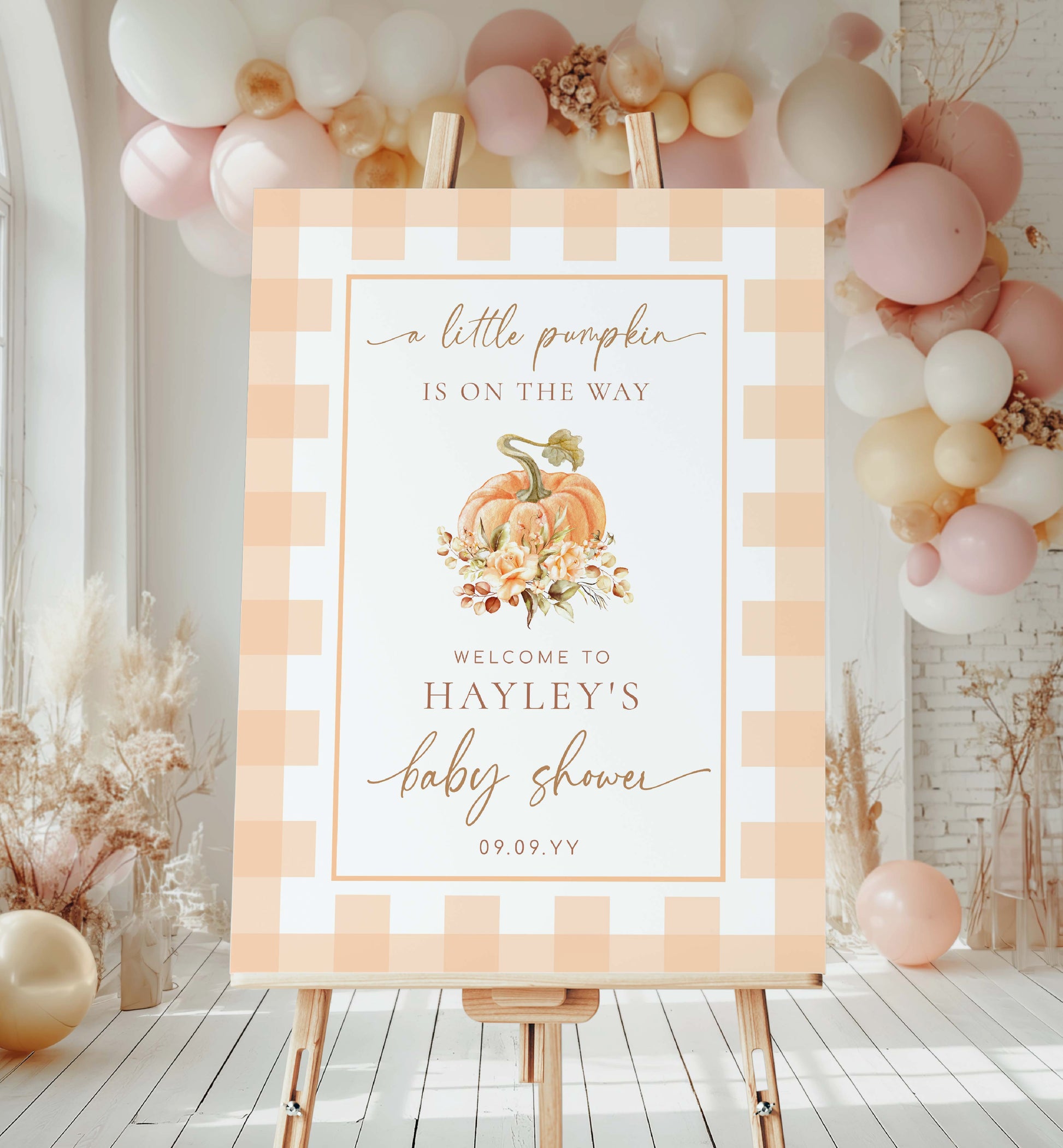 Printable Pumpkin Baby Shower Welcome Sign, Fall A Little Pumpkin Is On The Way, Peach Gingham Check Welcome Sign, Girl Baby Shower Sign