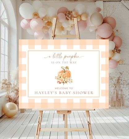 Printable Pumpkin Baby Shower Welcome Sign, Fall A Little Pumpkin Is On The Way, Peach Gingham Check Welcome Sign, Girl Baby Shower Sign