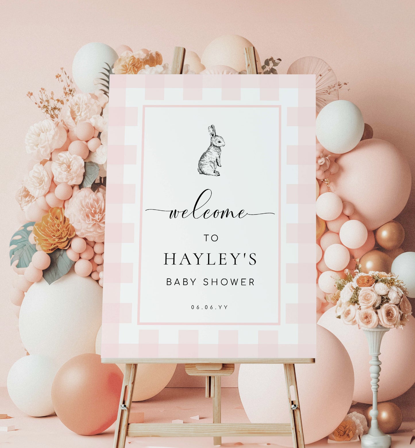 Printable Welcome Sign, Pink Gingham Check, Bunny Rabbit, Girl Baby Shower Welcome Sign, Pink White Plaid Baby Shower