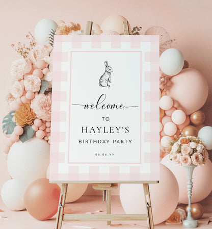 Printable Welcome Sign, Pink Gingham Check, Bunny Rabbit, Girl Baby Shower Welcome Sign, Pink White Plaid Baby Shower