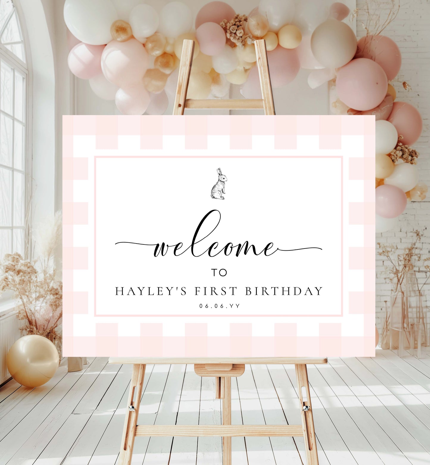 Printable Welcome Sign, Pink Gingham Check, Bunny Rabbit, Girl Baby Shower Welcome Sign, Pink White Plaid Baby Shower