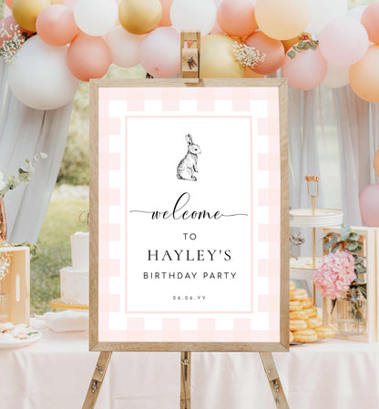 Printable Welcome Sign, Pink Gingham Check, Bunny Rabbit, Girl Baby Shower Welcome Sign, Pink White Plaid Baby Shower