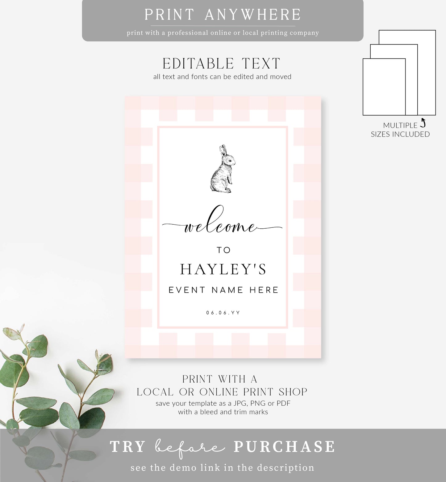 Gingham Pink Bunny | Printable Welcome Sign Template