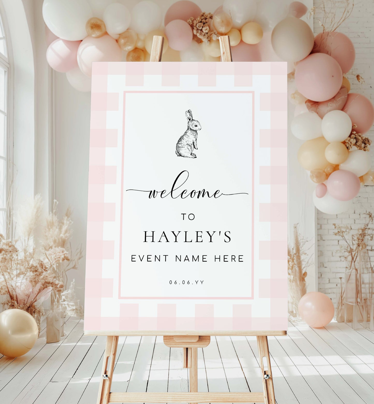 Printable Welcome Sign, Pink Gingham Check, Bunny Rabbit, Girl Baby Shower Welcome Sign, Pink White Plaid Baby Shower