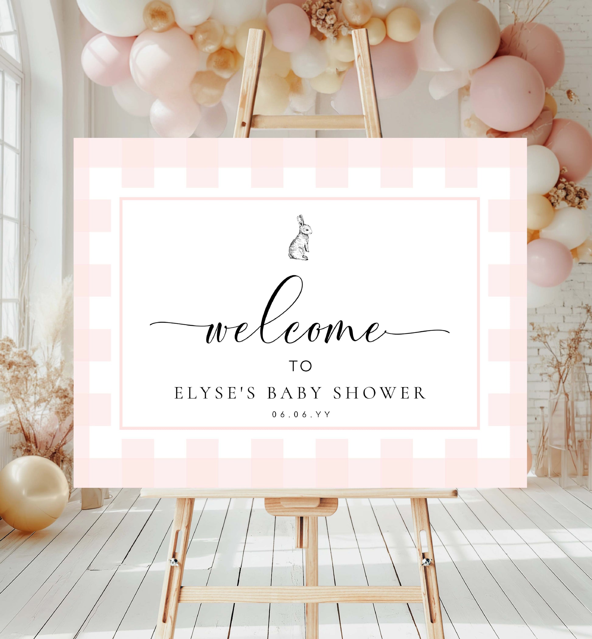 Printable Welcome Sign, Pink Gingham Check, Bunny Rabbit, Girl Baby Shower Welcome Sign, Pink White Plaid Baby Shower