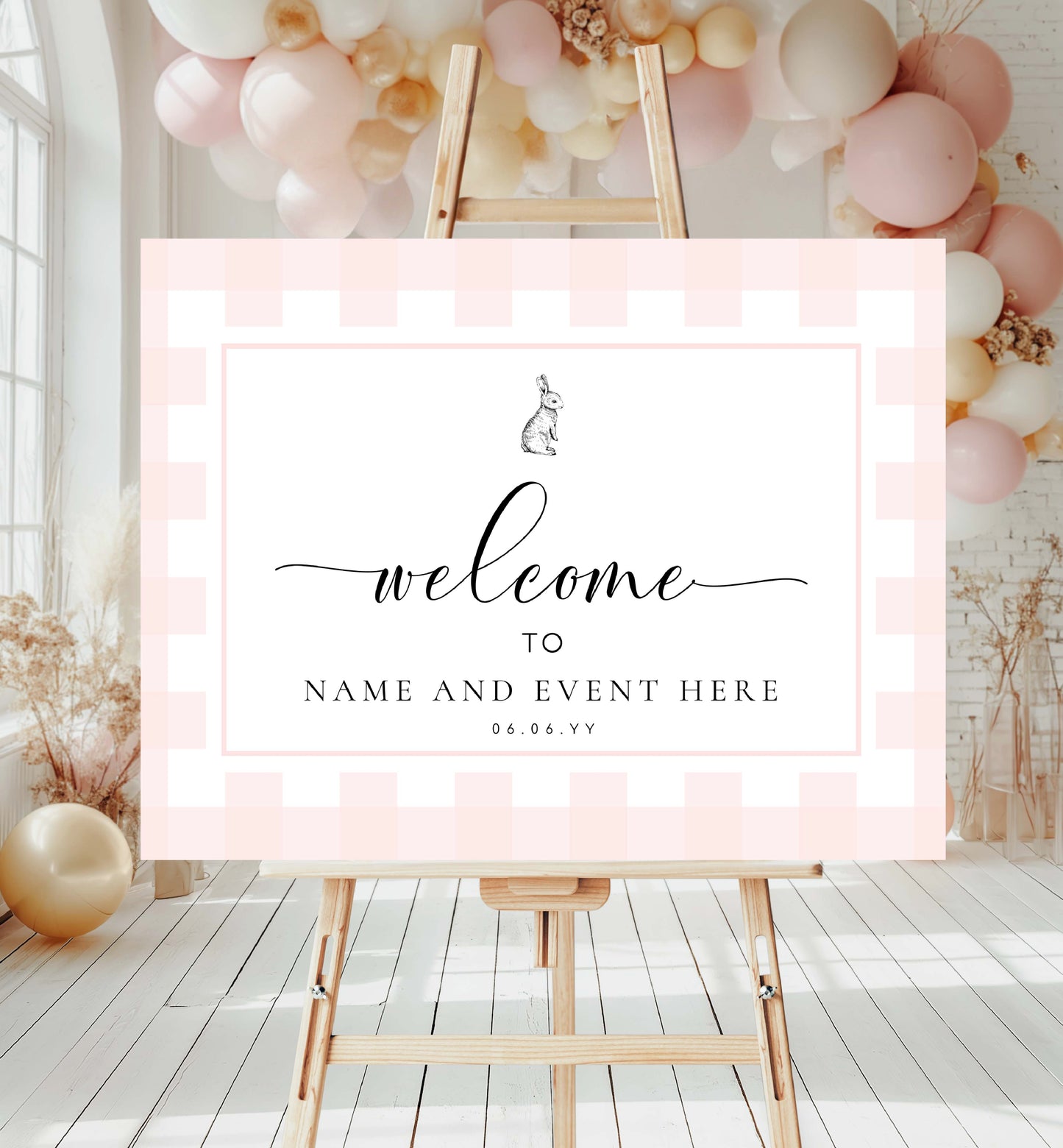 Printable Welcome Sign, Pink Gingham Check, Bunny Rabbit, Girl Baby Shower Welcome Sign, Pink White Plaid Baby Shower