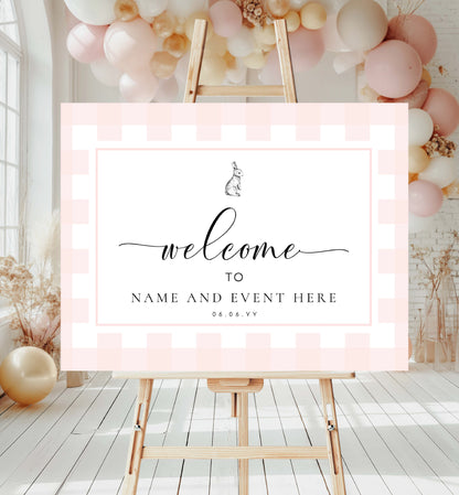 Printable Welcome Sign, Pink Gingham Check, Bunny Rabbit, Girl Baby Shower Welcome Sign, Pink White Plaid Baby Shower