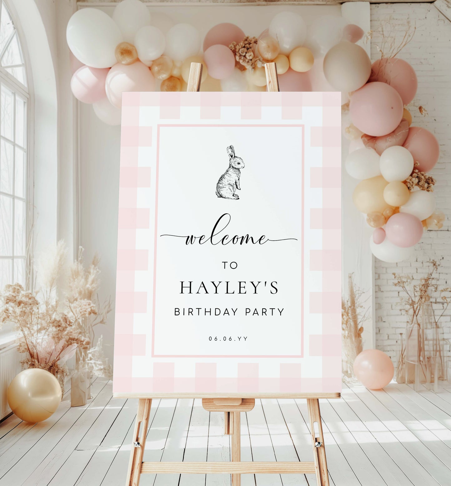 Printable Welcome Sign, Pink Gingham Check, Bunny Rabbit, Girl Baby Shower Welcome Sign, Pink White Plaid Baby Shower