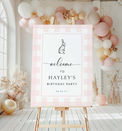 Printable Welcome Sign, Pink Gingham Check, Bunny Rabbit, Girl Baby Shower Welcome Sign, Pink White Plaid Baby Shower