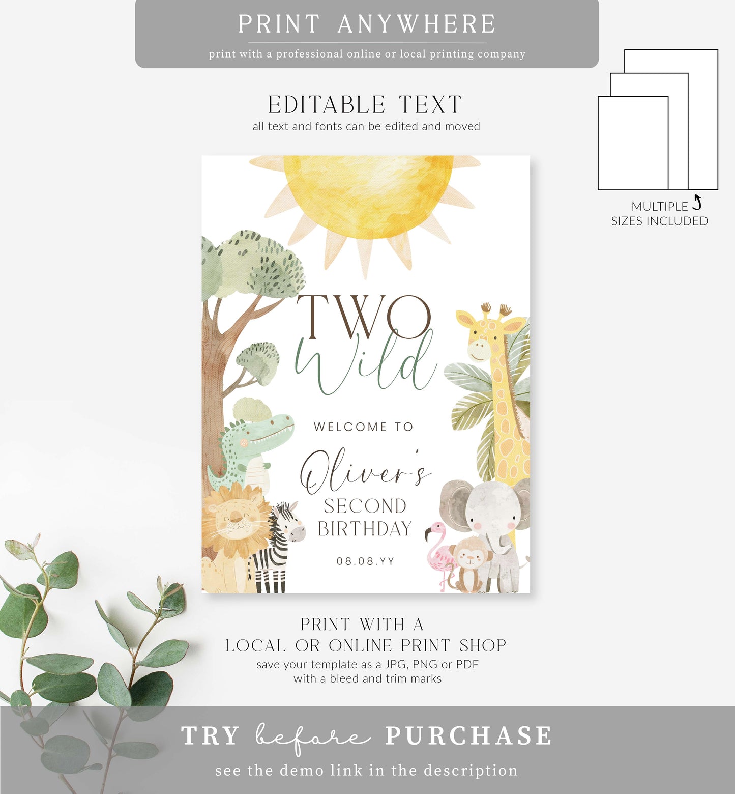 Nyala Safari | Printable Two Wild Welcome Sign Template