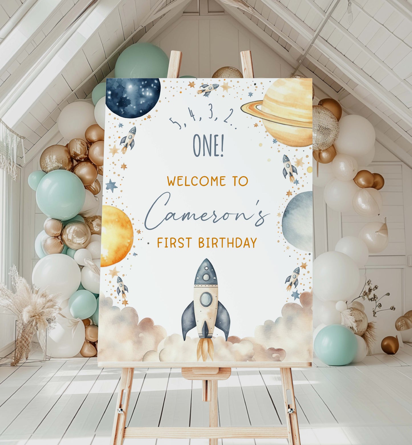 Rocket Ship Outer Space Birthday Welcome Sign, Printable First Trip Around The Sun Birthday Welcome Sign, Boy Space Birthday Blast Off Sign