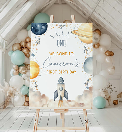 Rocket Ship Outer Space Birthday Welcome Sign, Printable First Trip Around The Sun Birthday Welcome Sign, Boy Space Birthday Blast Off Sign