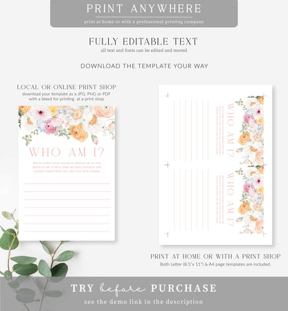 Millie Floral | Printable Who Am I Bridal Shower Game Template