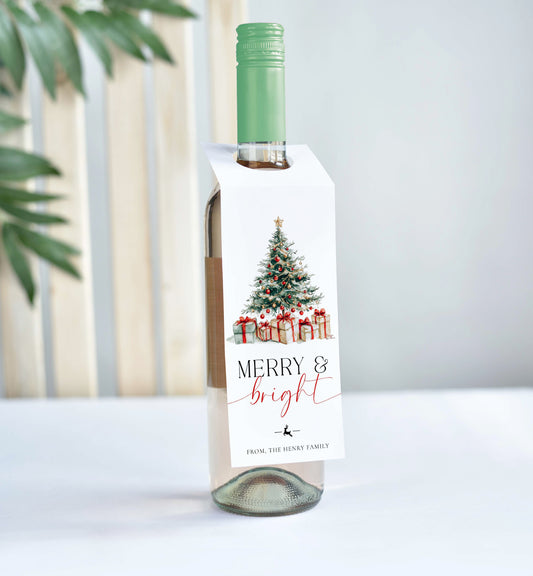 Magical Christmas | Printable Merry and Bright Wine Bottle Bib Gift Tag