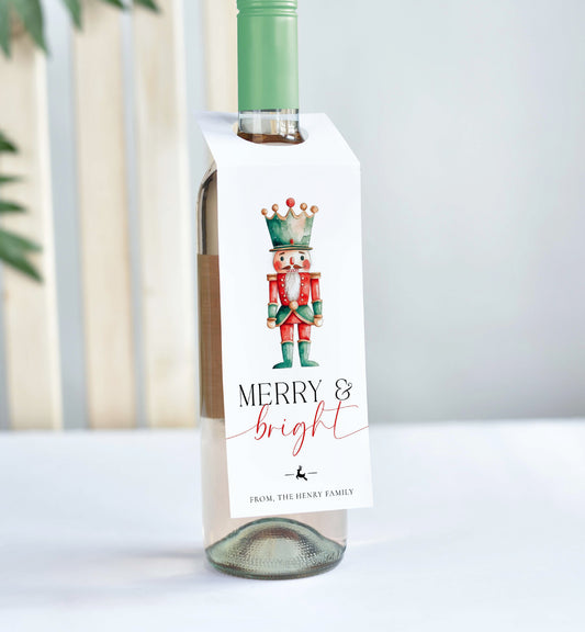 Printable Christmas Wine Bottle Tag, Merry and Bright Wine Bottle Bib, Holiday Wine Gift Tags,  Personalized Christmas Tags, Magical