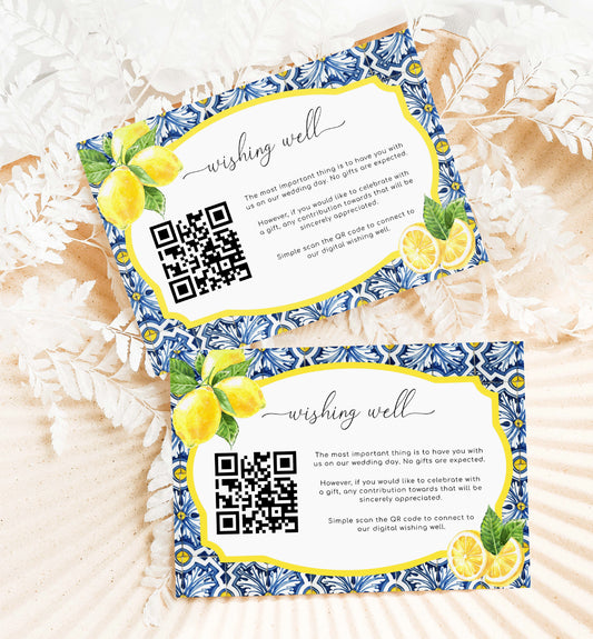 Positano Blue Tile Lemons | Printable QR Wishing Well Card Template