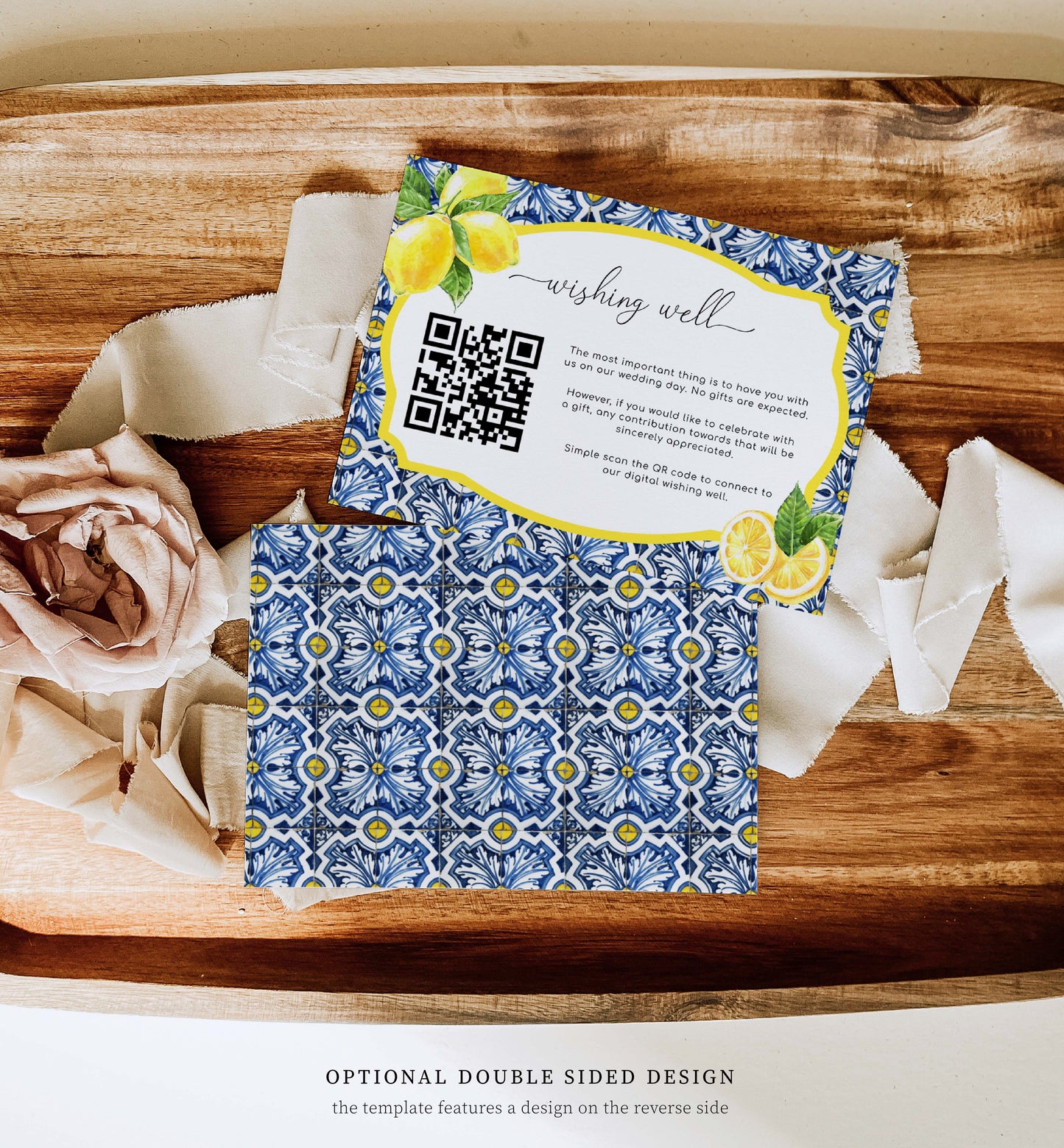 Positano Blue Tile Lemons | Printable QR Wishing Well Card Template
