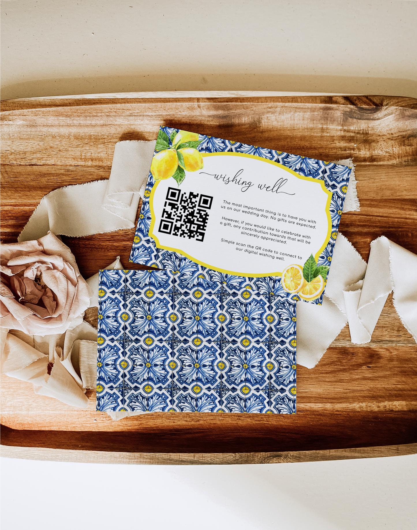 Positano Blue Tile Lemons | Printable QR Wishing Well Card Template