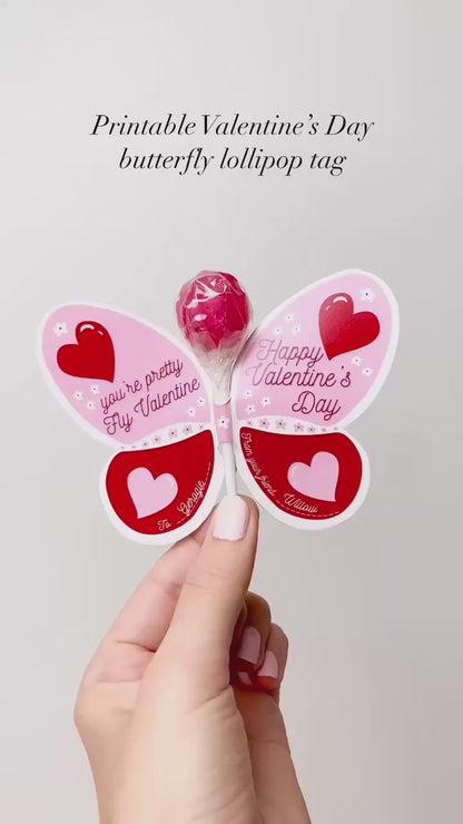 Stripe Red Pink | Printable Butterfly Valentine Lollipop Tag Template