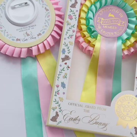 Pink, Yellow and Mint Green three tier satin ribbon easter good egg member rosette award Perfect for Easter Baskets