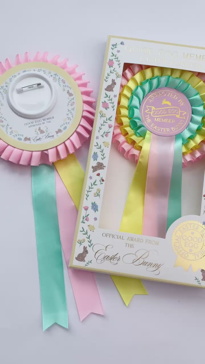 Pink, Yellow and Mint Green three tier satin ribbon easter good egg member rosette award Perfect for Easter Baskets