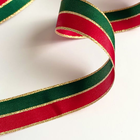 Red Green Gold Striped Ribbon, 25mm Wide Striped Ribbon, Christmas Decorations Craft and Wrap, Bows Presents Wrapping Ribbon