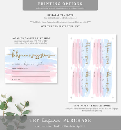 Watercolour Pink Blue | Printable Baby Name Suggestion Game Template