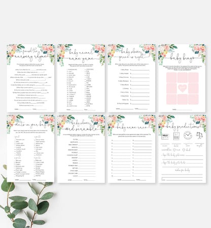 Afternoon Blooms | Printable Baby Shower Games Bundle Template - Black Bow Studio