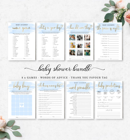 Watercolour Blue | Printable Baby Shower Games Bundle