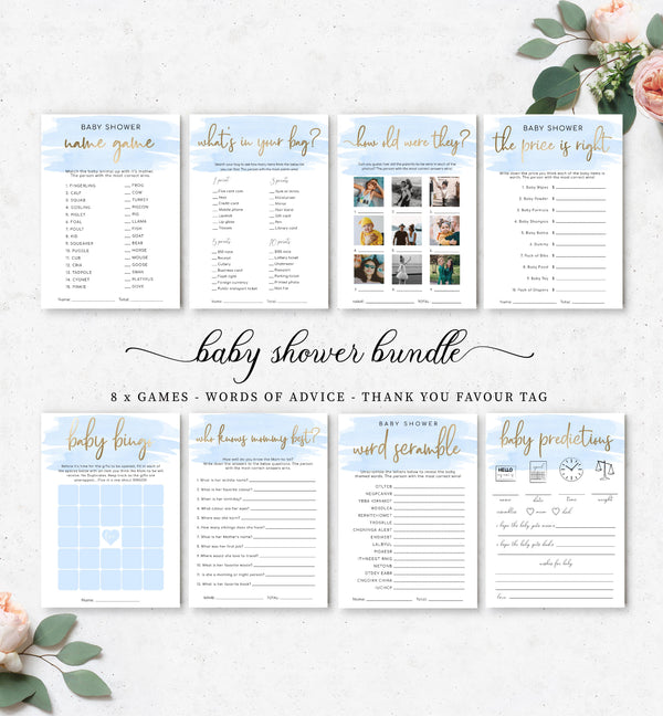 Watercolour Blue | Printable Baby Shower Games Bundle – Black Bow Studio