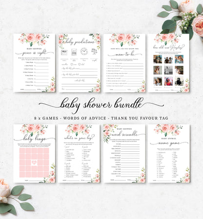 Printable Editable Baby Shower Games Bundle - Blush Floral Words of Advice and Family Traditions - Darcy Floral - Girl Baby Shower