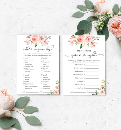 Printable Editable Baby Shower Games Bundle - Blush Floral Words of Advice and Family Traditions - Darcy Floral - Girl Baby Shower