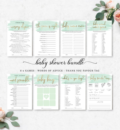 Watercolour Green | Printable Baby Shower Games Bundle