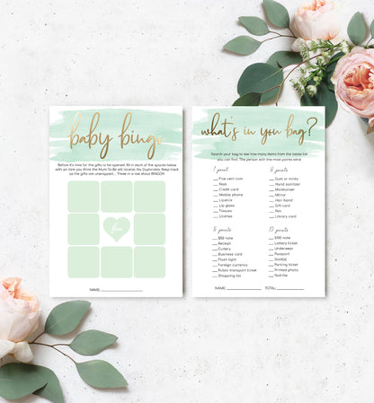 Watercolour Green | Printable Baby Shower Games Bundle