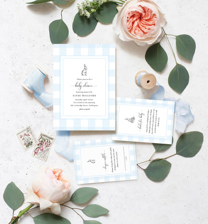 Gingham Blue Bunny | Printable Baby Shower Invitation Suite Template - Black Bow Studio