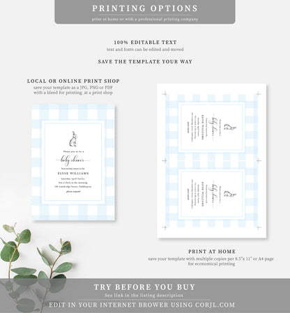 Gingham Blue Bunny | Printable Baby Shower Invitation Suite Template - Black Bow Studio