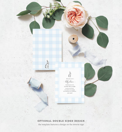 Gingham Blue Bunny | Printable Baby Shower Invitation Suite Template - Black Bow Studio