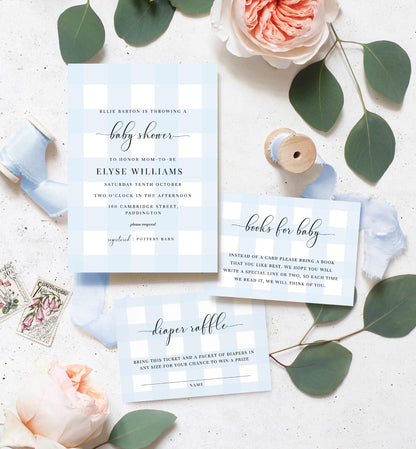 Gingham Blue | Printable Baby Shower Invitation Suite - Black Bow Studio