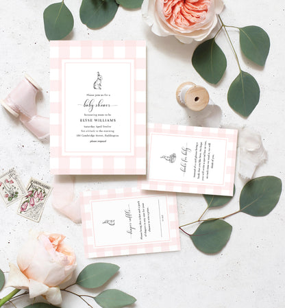 Gingham Pink Bunny | Printable Baby Shower Invitation Suite Template