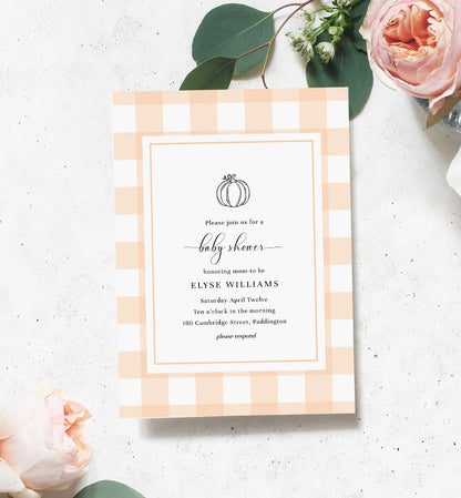 Gingham Peach Pumpkin | Printable Baby Shower Invitation Suite